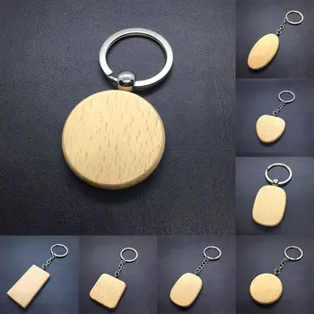 

Hot Sale 20PCS/Pack Beech Wooden Keychain DIY Customized Wood Blank Keychains Round Unique Key Tags Gifts Rectangle Key Chain