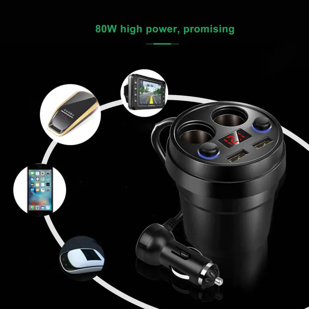 Cup power Socket Adapter 2 USB Автомобильное зарядное устройство прикуриватель разветвитель зарядное устройство для мобильного телефона s с напряжением светодиодный дисплей
