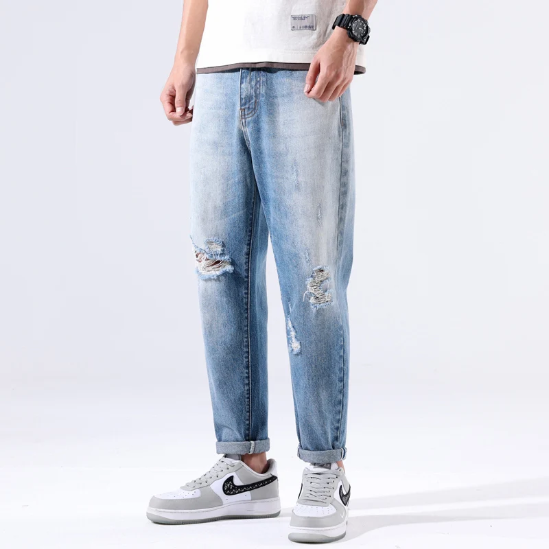 Hip Hop Jeans Men Loose Fit Harem Pants Light Blue Knee Holes Mens Ripped Jeans Baggy Pants Distressed Destroyed Men 39 S Clothing Jeans Aliexpress