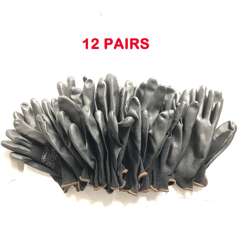 

12 Pairs Black Nylon PU Safety Work Gloves Builders Grip For Palm Coating Gloves Industrial Protective Work Safety Glove