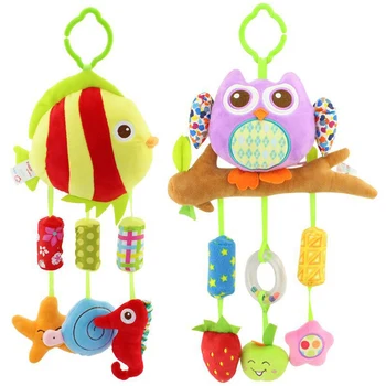 

0-12month Baby Infant Cartoon Animal Owl Fish Handle Rattles Soft Plush Safety Baby Crib Hanging Bell Doll Toys For Kids Gift
