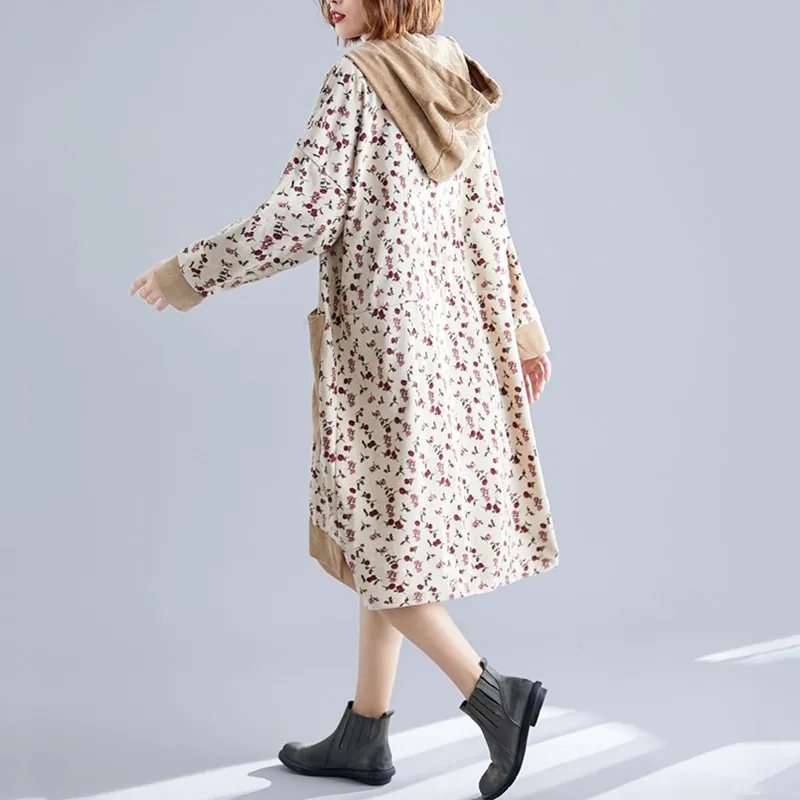 long sleeve Corduroy vintage floral plus size women casual loose midi autumn winter dress elegant clothes ladies dresses
