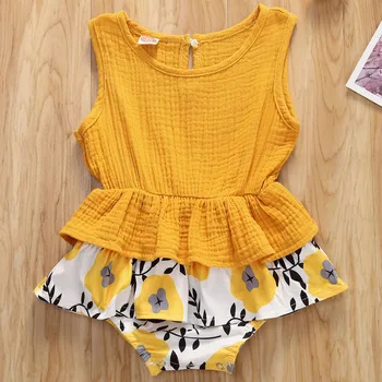 

Baby Girls Sleeveless Bodysuit Toddler Summer Fashion Round Neck Ruffles Floral Print Casual Bodysuits