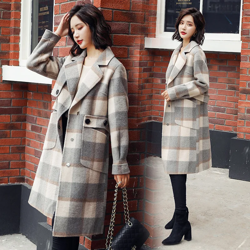 

Woolen Jacket Women's Mid-length 2019 Autumn And Winter New Style Korean-style Plaid Thick Loose Winter Students Woolen Overcoat
