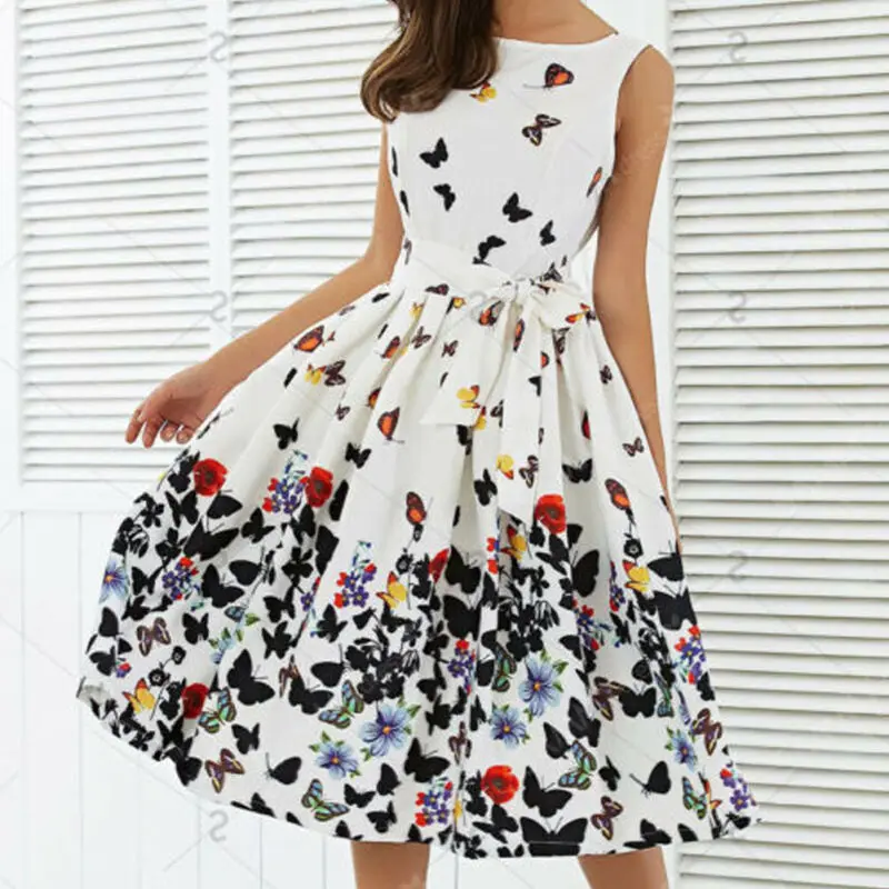

Women Summer Sleeveless High Waist Floral Pleated Beach Boho Midi Dress Evening Party Cocktail Long Sundress