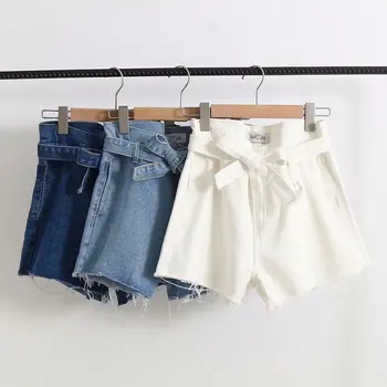 

2020 summer Women Solid Colour lotus leaf waist denim shorts hot pants With belt Female Jeans Shorts