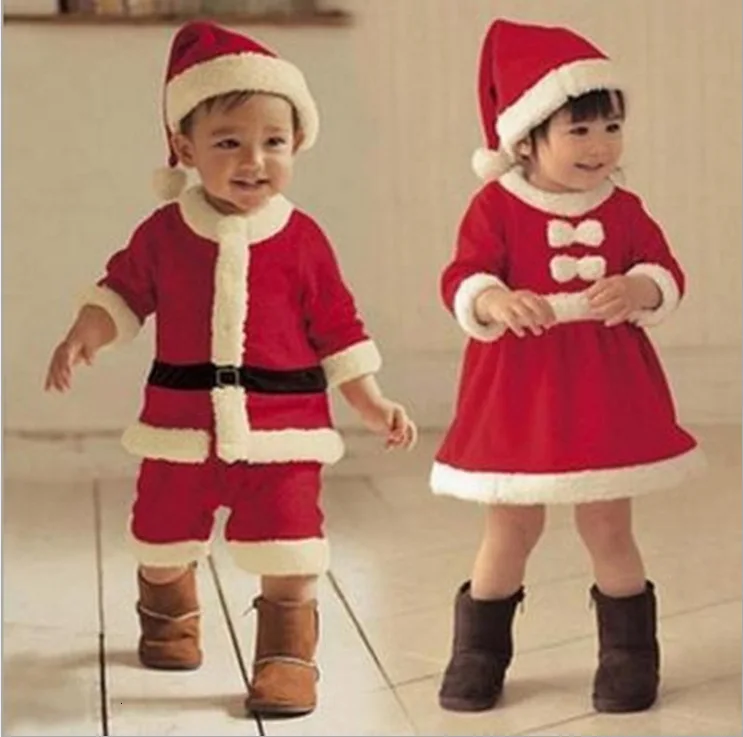 Рождественский костюм Санта Клауса для малышей; одежда для костюмированной вечеринки для маленьких мальчиков; красное платье с длинными рукавами для маленьких девочек; милое зимнее платье для малышей