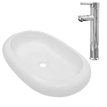 

Home Sink Basin Faucet Set Office Hotel Bathroom Faucets Solid Basin Ceramic Oval Counter Washing Vessel With Water Tap 2020 New