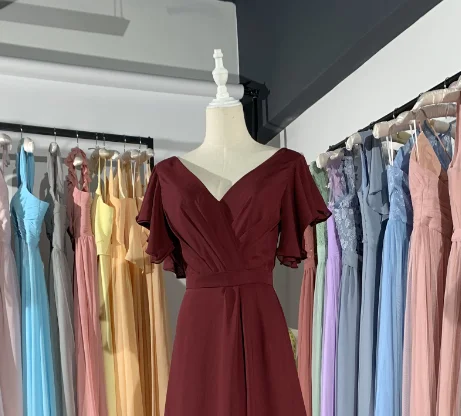 Burgundy Новинка, разные цвета, Бургундия, длинный v-образный вырез, короткий рукав, шифон, настраиваемый, модное платье подружки невесты, mocini, портной - Цвет: Burgundy