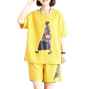 

Casual Home Summer Clothes Short Sleeve Shorts Suit Two Piece Set Female Loose O-Neck Shorts Summer Clothes