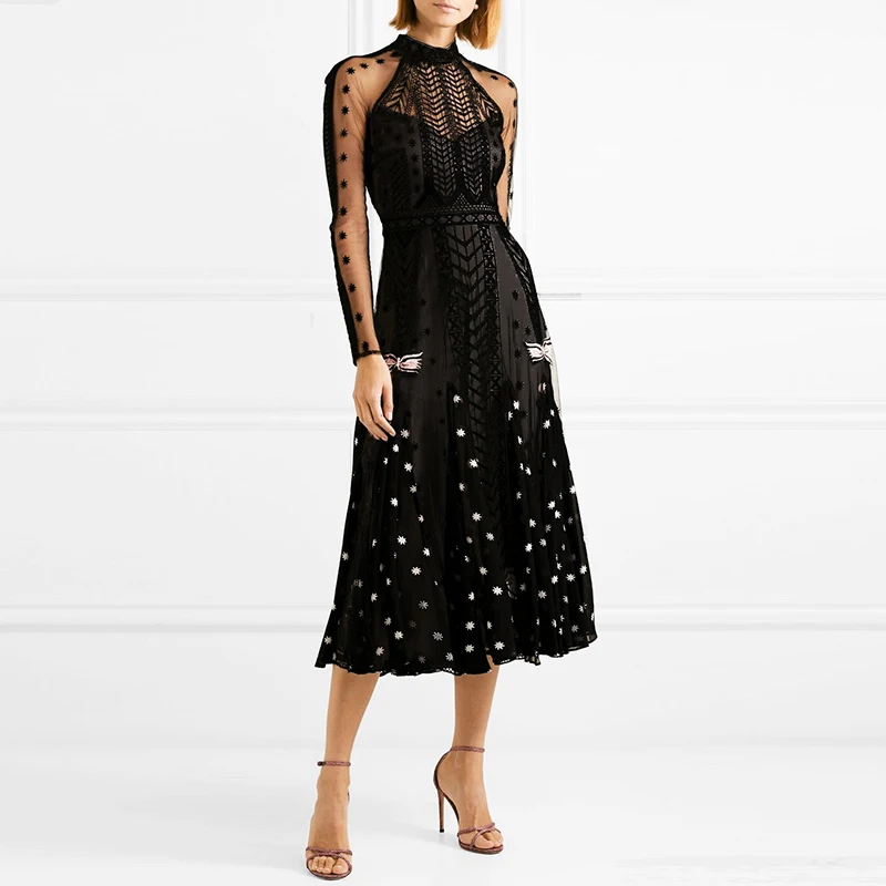 

2019 New Arrival Autumn Luxury Runway Designer High Quality Mesh Embroidery Self Portrait Ladies Women Long Black Dress Femme