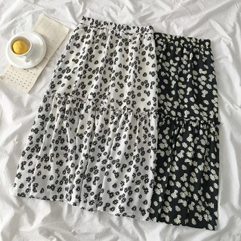

Vintage Floral Print Ruffle Pleated Skirts 2020 New Summer Women Sweet High Waist Skirt Elegant Midi Long Skirt Korean Fashion