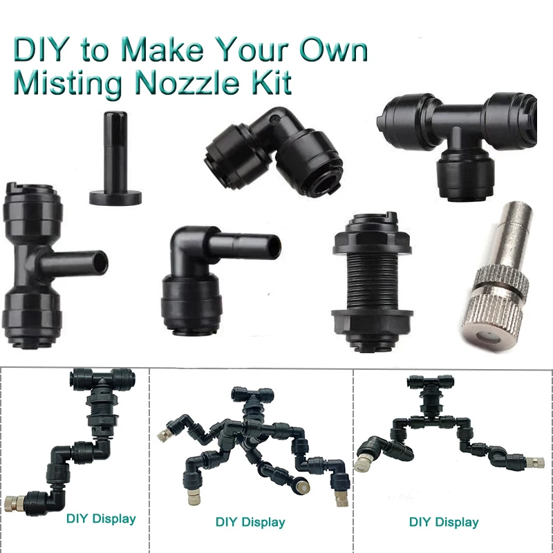 HEMAN 5pcs DIY Misting Nozzle Kit 1/4\'\' Pipe Tee Elbow Quick Connector End Cap Bulkhead Adapter Aquarium Fittings Top Joints