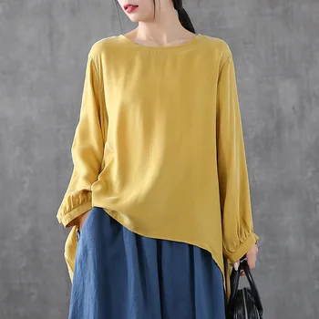 

[EWQ] 2020 Spring Summer New Pattern Round Collar Longs Leeve Solid Patchwork Pullovers Vintage Shirt Women Blouse AK62711