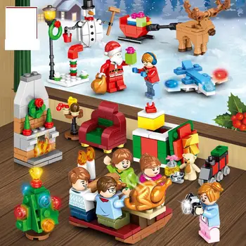 

8pcs/lot Christmas Scene Santa Claus Figure Eve Turkey Elk Fireplace Snowman Xmas Sled Model Building Blocks Model Toys 601092