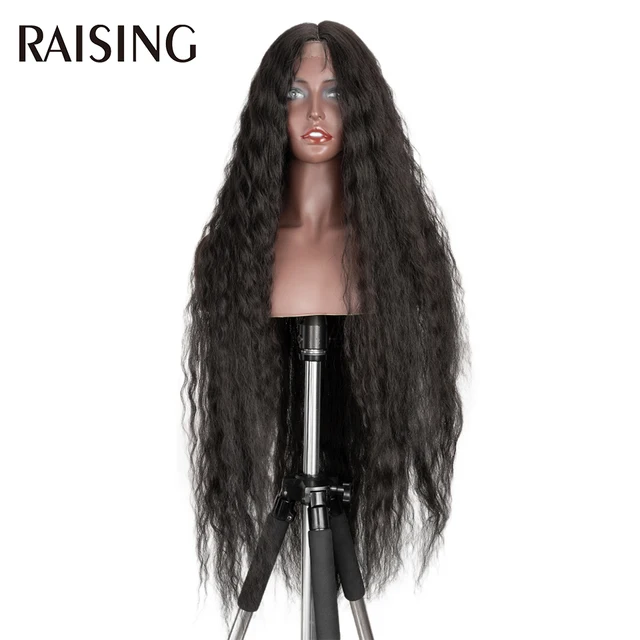 Raising Wholesale Deep Wave Lace Wig Synthetic Curly Hair Scalp Wigs For Black Women Ombre Cheap Long Hair Wigs Pre-plucked 40in C1B