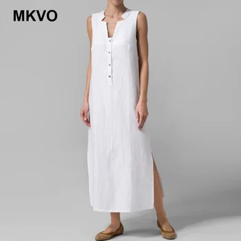 

Cotton White Summer Sexy V-neck Neck Sleeveless Loose Dress 5XL Plus Size Loose casual Maxi Long Beach Vintage Dresses