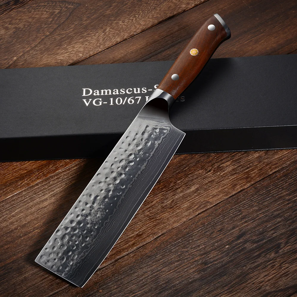 

Professional Kitchen Knives Damascus Japanese Chef Knife Nikiri 7 inch VG10 Steel Wood Handle Meat Knife Vegetable Cutter Tools