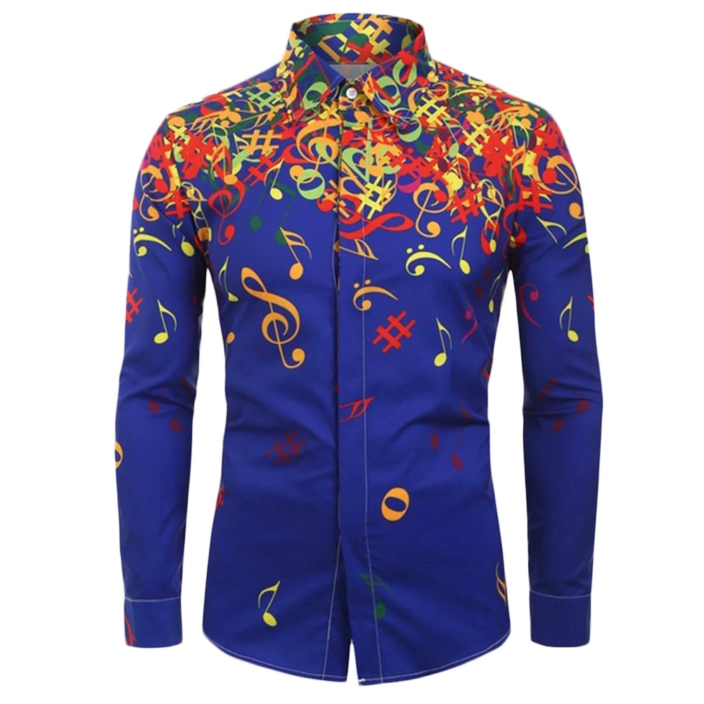 Autumn Men Shirts Casual Slim-Fit Streetwear Musical Note Printed Blouse Black Lapel Button Up Men Dress Shirt Long Sleeve Tops