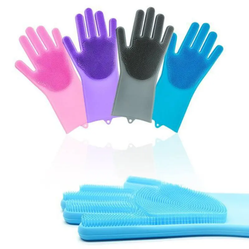Многоразовые силиконовые перчатки для мытья посуды с губчатым скребком