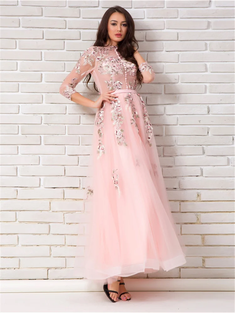 Vestidos largos fiesta розовое вечернее платье с длинными рукавами с цветочным принтом, доходящая до пола Тюль Вечерние платья вечерние платья для