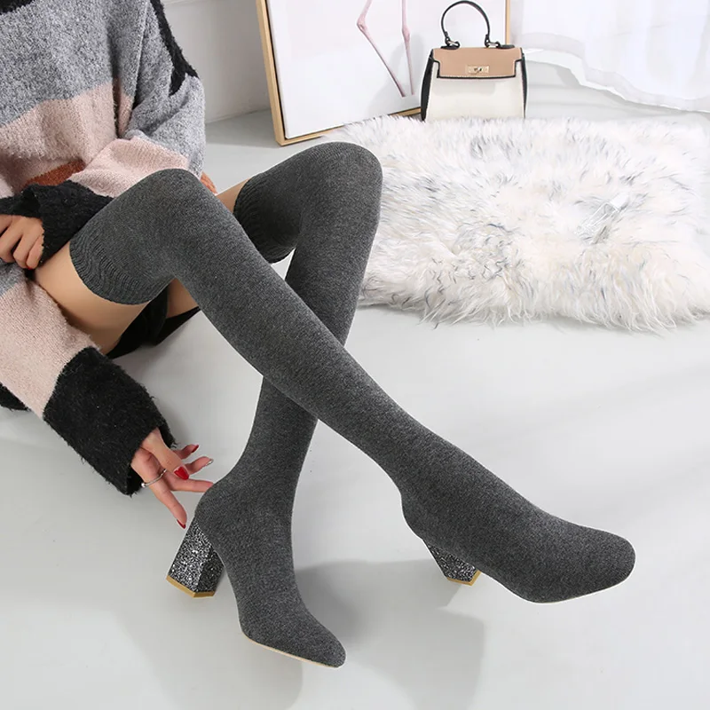 Женские сапоги выше колена из эластичной ткани привлекательные черные до бедра с