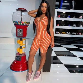 

Sexy Women V-neck Striped Playsuit Casual Ladies Jumpsuits Summer Sleeveless Zipper Jumpsuit for Ladies Playsuit