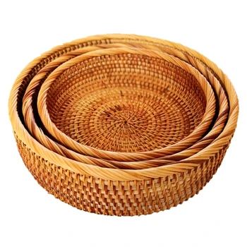 

Hadewoven Round Rattan Fruit Basket Wicker Food Tray Weaving Storage Holder Dinning Room Bowl Serving Basket for Food