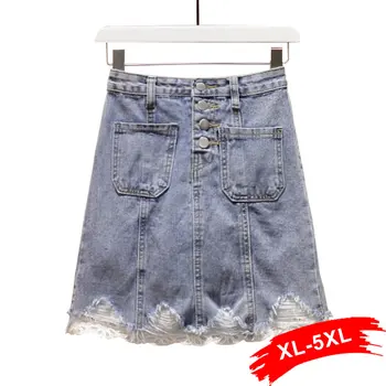 

Plus Size Ripped Patchworked Lace Single Button Pockets Short A-Line Denim Skirts 5Xl Women Casual Wave Hem Tassel Jeans Skirt