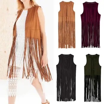 

2019 Vest Female Autumn Winter Solid Suede Ethnic Sleeveless Velour Tassels Fringed Long Vest Chalecos Largos A1