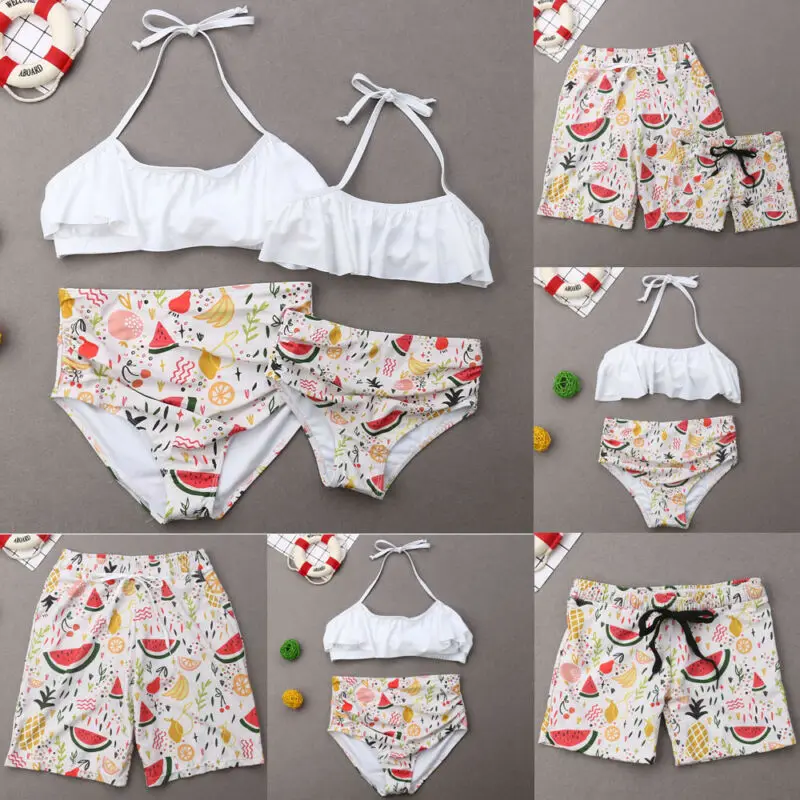 

Family Matching Swimwear Mother Daughter Swimsuit Father Son Trunks Women Girls Halter Bikini Men Boy Leaves Shorts Bathing Suit