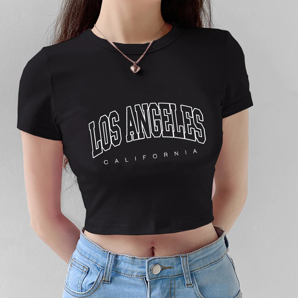 Camiseta corta con letras de Los Ángeles California para mujer, Blusa algodón ajustada, camisetas de manga para mujer, Tops de calle - AliExpress