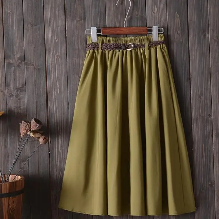 Style 1 Юбки женские весна лето маленький свежий арт ретро повседневный сплошной цвет свободный пояс комфорт большой маятник размера плюс плиссированная юбка миди - Цвет: Style 1