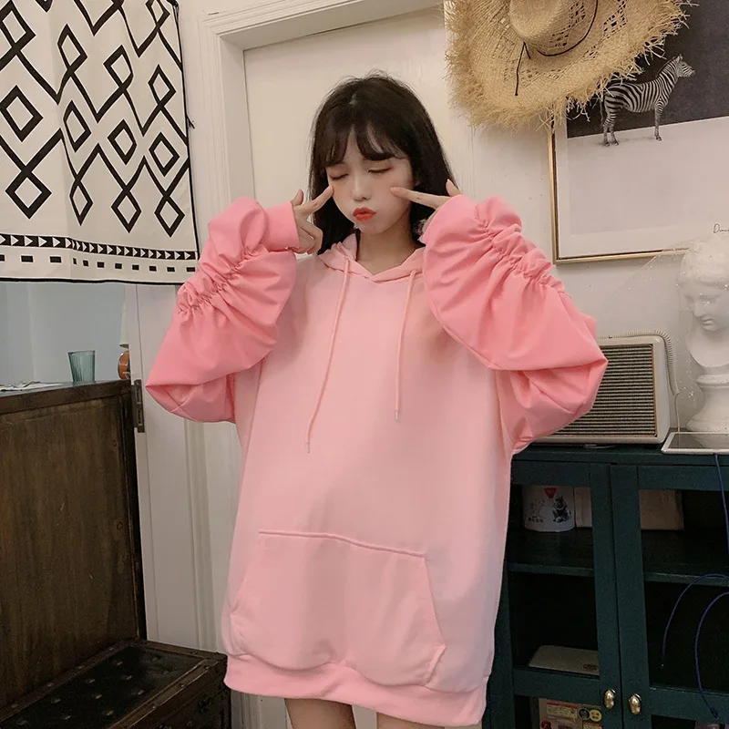 

2019 Autumn New Arrived Women Harajuku Hoodies Sweatshirt Solid Color Pink Lantern Sleeve Long Sweatshirt Free Shipping