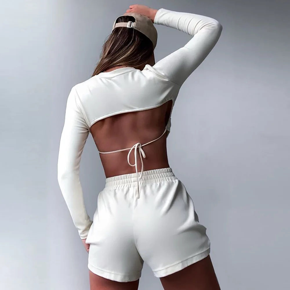 

Solid Two Piece Set Crop Tops And Shorts Tracksuit Drawstring Long Sleeve Tops For Women Fitness Jogging Femme