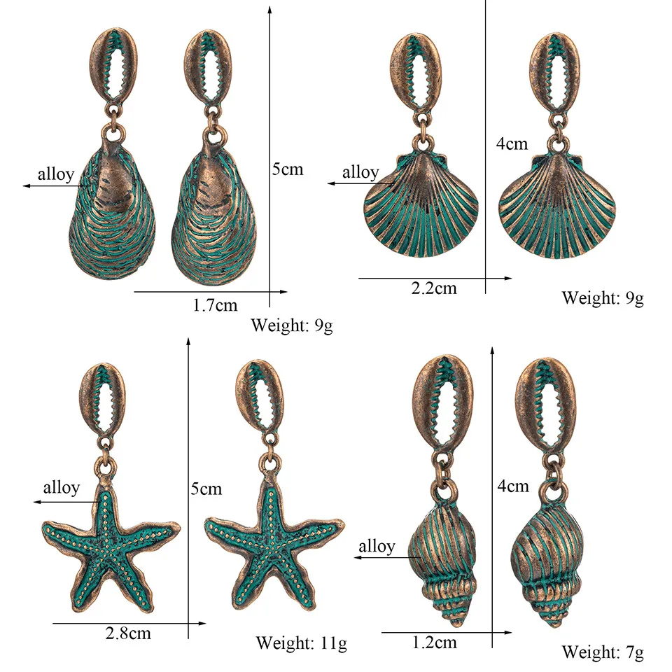 Винтажные Очаровательные Полые серьги в форме Раковины Морская звезда Висячие серьги для женщин этнические антикварные зеленые женские серьги ювелирные изделия Новинка