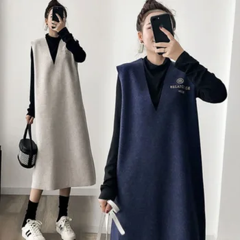 

Explosion models tide mother pregnant autumn and winter long-sleeve bottoming shirt + embroidery vest skirt pregnant two-piece