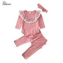 Брендовая одежда для новорожденных девочек 0-24 месяцев, кружевной комбинезон принцессы с оборками+ штаны-пачка, леггинсы, комплект из 3 предметов, Осенний хлопковый комплект