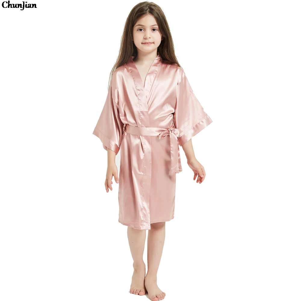 Teens Girls Satin Pajamas Children Solid Silk Satin kimono Robes Girls Bathrobe Sleepwear for 8 10 12 14 Years Spa Wedding Robes