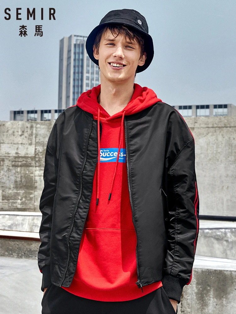 

Semir Pilot Jacket Men Korean Black Handsome 2019 Baseball Suit Man Jacket Student Contrast Ribbon Top Coat