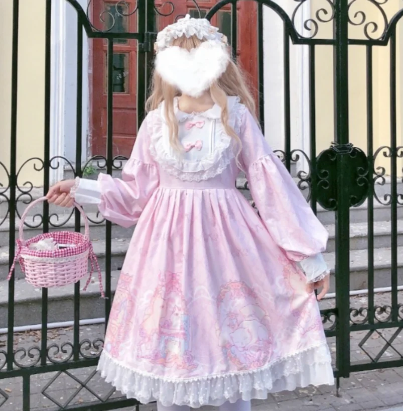 Розовый Милое милое платье с высокой талией и кружевными оборками; Vestidos; платье с бантом в стиле Лолиты; платье с круглым отложным воротником; винтажное платье принцессы kawaii - Цвет: Розовый