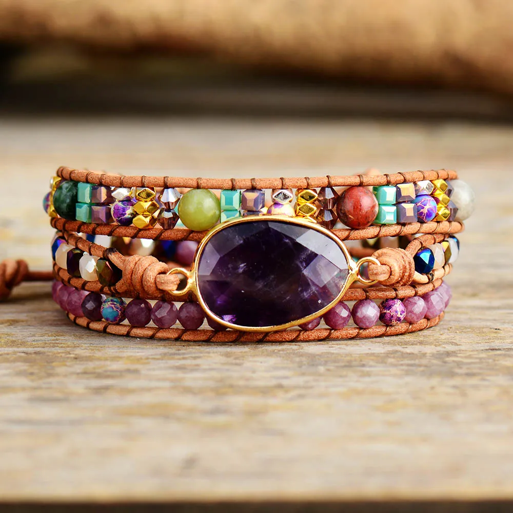 Leather Wrap Bracelets W/ Natural Stone Amethysts Crystals Beaded Triple Statement Art Bracelet Bohemian Jewelry Gifts