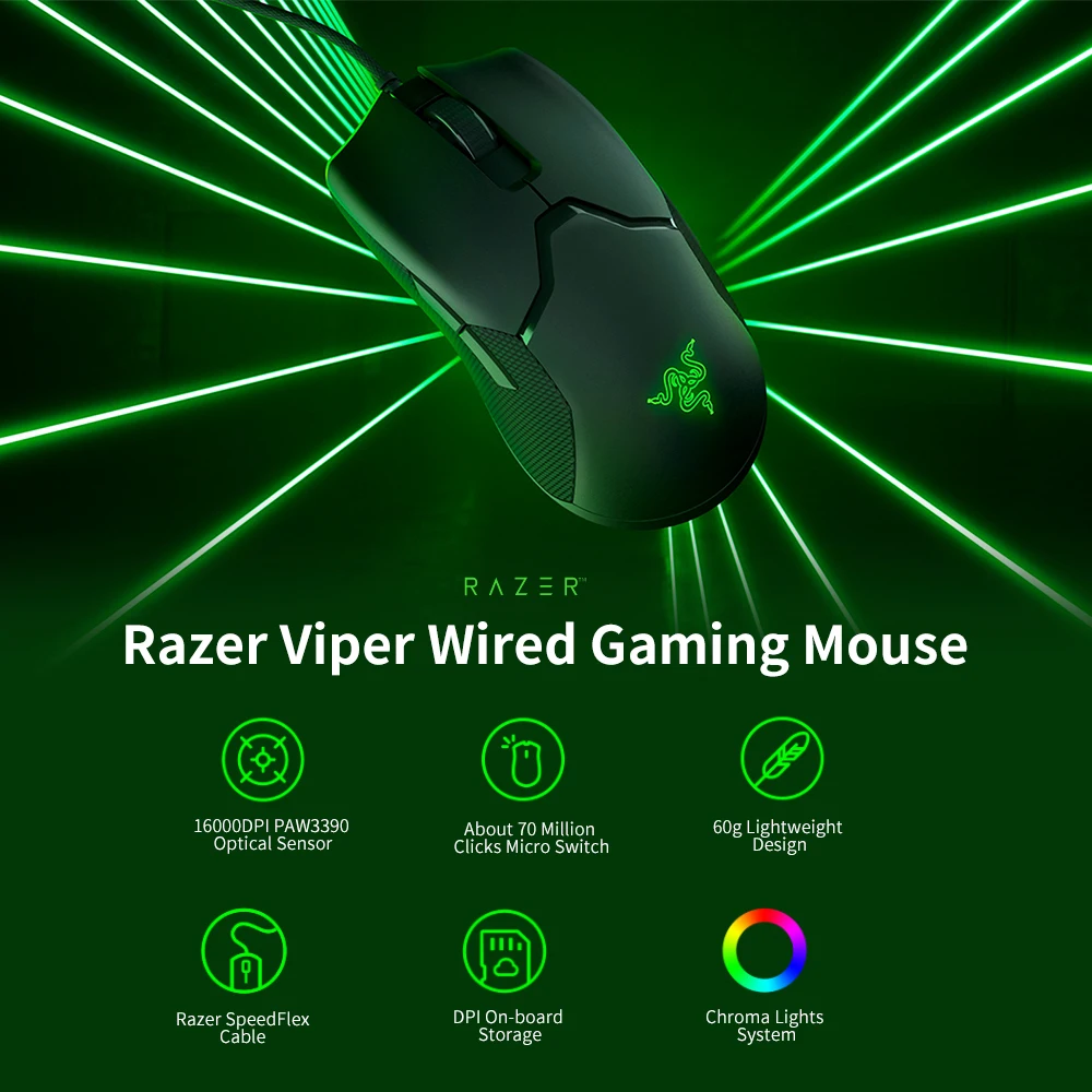 Razer Viper Проводная игровая мышь 16000 dpi RGB компьютерные мыши PAW3390 Оптический сенсор 60g Легкий кабель SpeedFlex dpi
