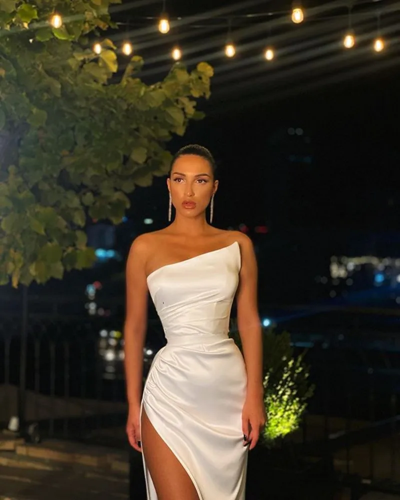 Sexy White Prom Dresses with High Split Satin Evening Gowns for Wedding Party Formal Dress