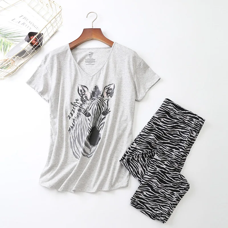 Pajamas For Women Summer New cotton pajama set pattern women sleepwear short sleeve tops And Shorts pajama set Women Pajamas - Цвет: Серый