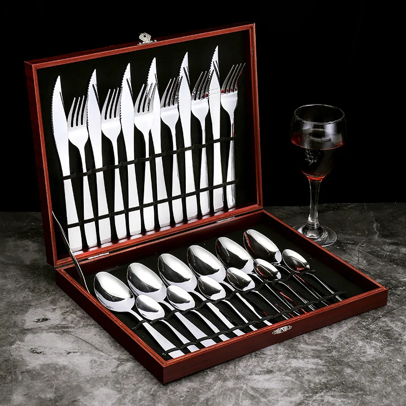 B-Steak knife Set 24 шт. набор посуды из нержавеющей стали, набор столовых приборов, вилка, ложка, посуда для ужина, Западный стейк, столовое серебро с подарочной коробкой - Цвет: B-Steak knife Set