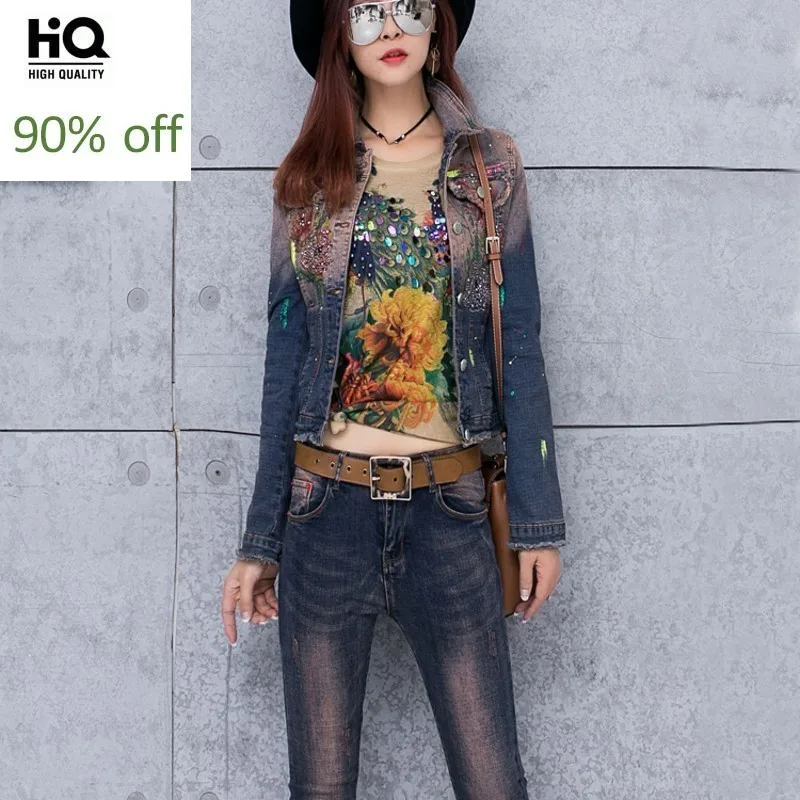 Chic Geschilderd Diamant Korte Denim Jas Vrouwen Pak Tweedelige Set Gedrukt Slim Tops + Jeans Broek Mode Enkele Breasted jas Chic Geschilderd Diamant Korte Denim Jas Vrouwen Pak Tweedelige Set Gedrukt Slim Tops + Jeans Broek Mode Enkele Breasted jas
