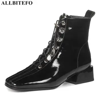 

ALLBITEFO size 34-42 cross tied genuine leather women boots square toe fashion leisure high heel shoes women's ankle boots