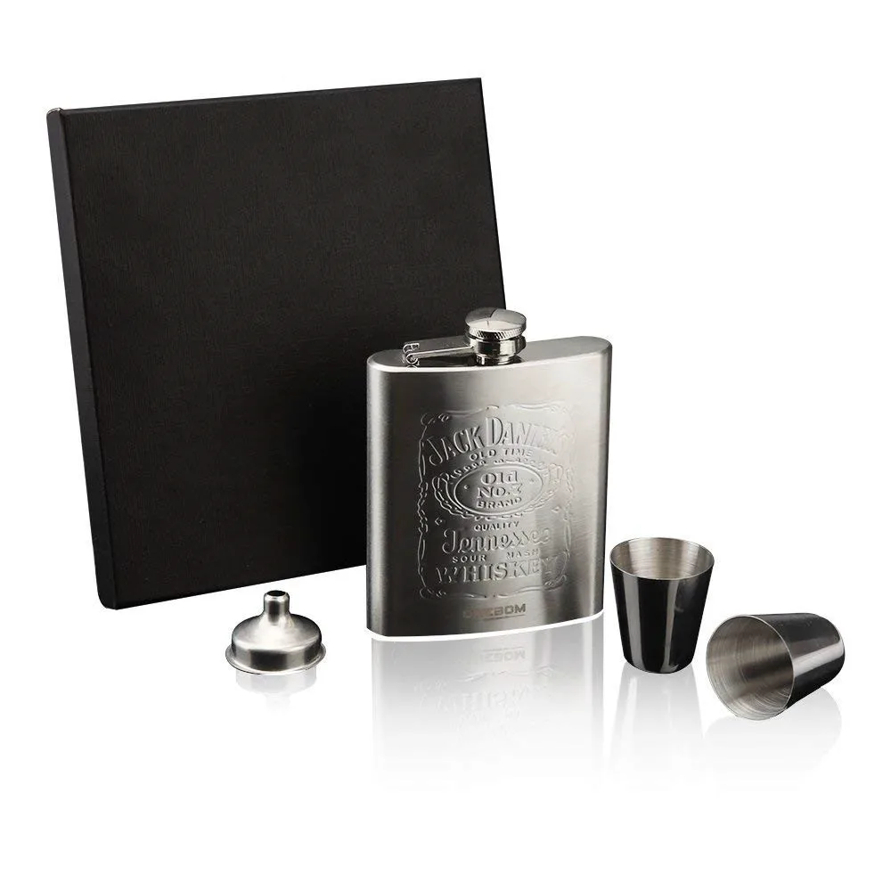 

Hot sales Mini 7oz Stainless steel 304 Hip Flask Whisky Funnel Moscow cccp Flagon Vodka Cup With Black Gift Box Set