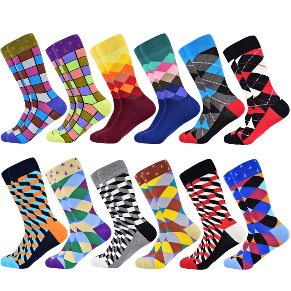 Популярные мужские носки из чесаного хлопка подарки для мужчин клетчатые геометрические повседневные мужские носки Цветные счастливые мужские носки - Цвет: 12 pairs socks-18